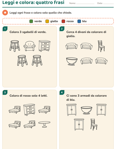 Anteprima della scheda di Leggi e colora con Mobili BN per Scuola primaria classe prima
