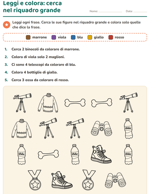 Anteprima della scheda di Leggi e colora con Oggetti BN per Scuola primaria classe prima