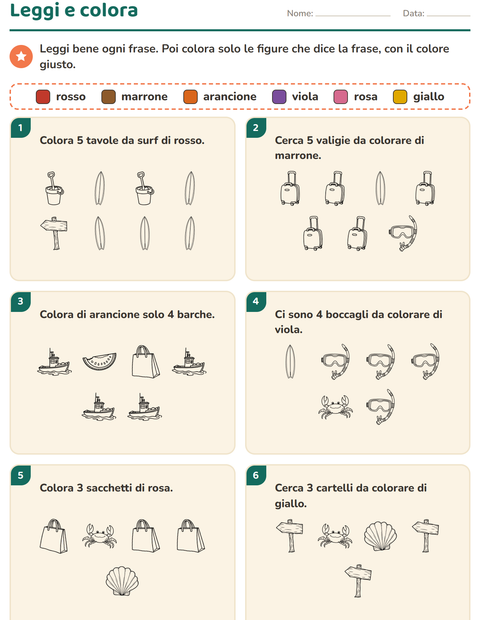 Anteprima della scheda di Leggi e colora con Spiaggia BN 2 per Scuola primaria classe prima