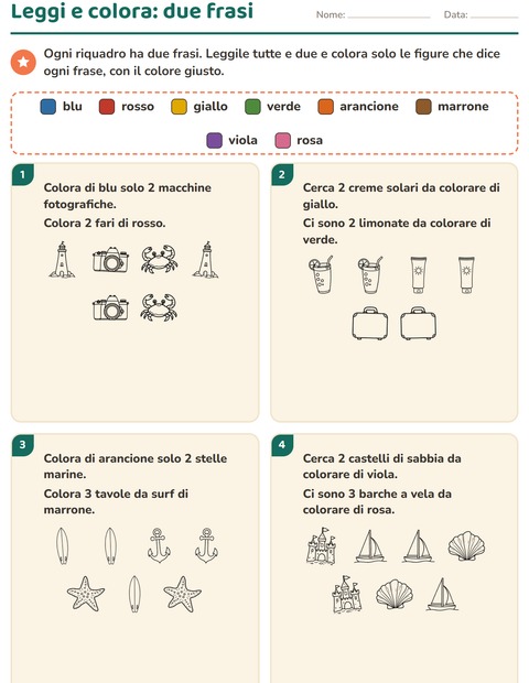 Anteprima della scheda di Leggi e colora con Spiaggia BN per Scuola primaria classe prima