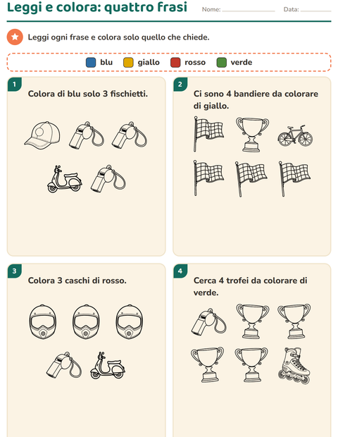 Anteprima della scheda di Leggi e colora con Sport BN per Scuola primaria classe prima