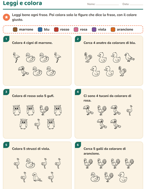 Anteprima della scheda di Leggi e colora con Uccelli B&N 2 per Scuola primaria classe prima
