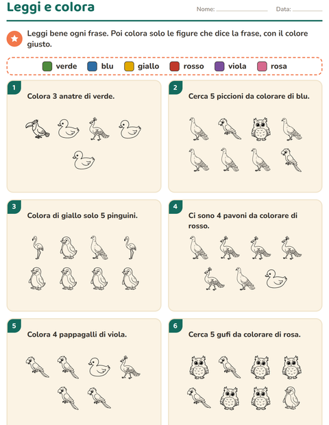 Anteprima della scheda di Leggi e colora con Uccelli B&N per Scuola primaria classe prima