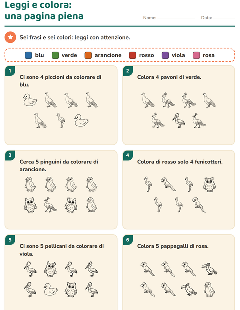 Anteprima della scheda di Leggi e colora con Uccelli B&N per Scuola primaria classe prima