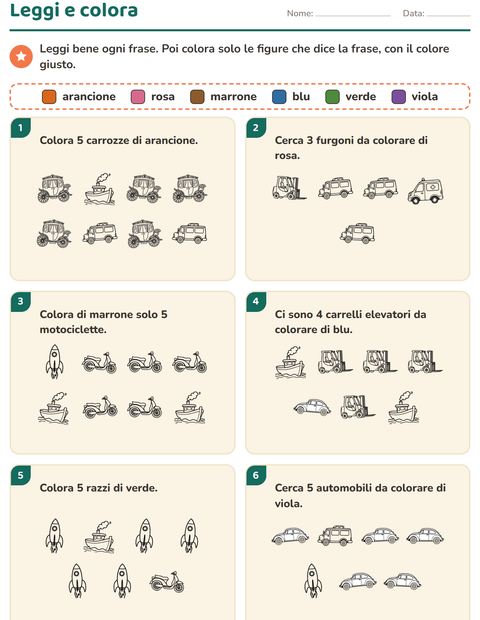 Anteprima della scheda di Leggi e colora con Veicoli BN 3 per Scuola primaria classe prima