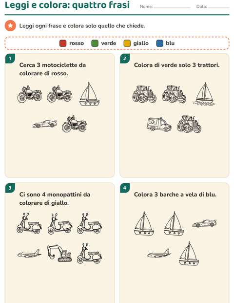 Anteprima della scheda di Leggi e colora con Veicoli BN per Scuola primaria classe prima