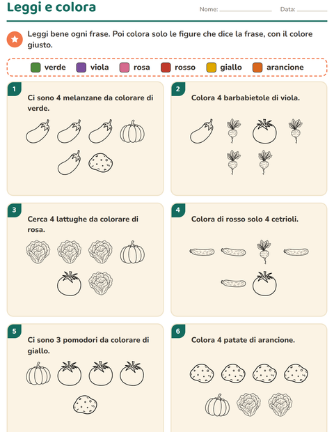 Anteprima della scheda di Leggi e colora con Verdure BN per Scuola primaria classe prima