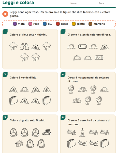 Anteprima della scheda di Leggi e colora con Viaggi e Vacanze BN per Scuola primaria classe prima