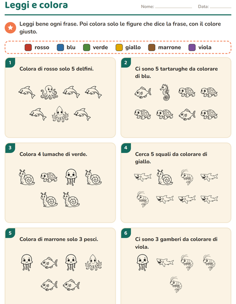 Anteprima della scheda di Leggi e colora con Vita marina BN 2 per Scuola primaria classe prima