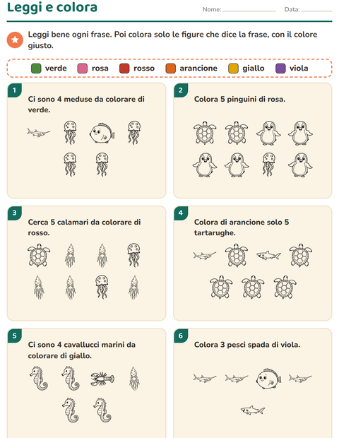 Anteprima della scheda di Leggi e colora con Vita marina BN per Scuola primaria classe prima