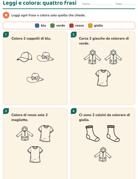 Anteprima della scheda di Leggi e colora con Abbigliamento BN per Scuola primaria classe prima