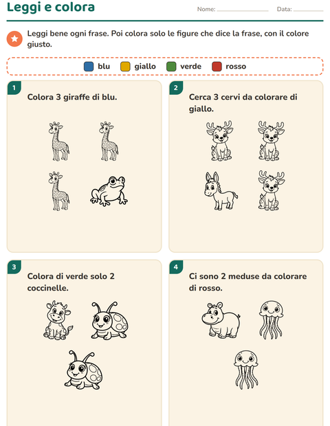 Anteprima della scheda di Leggi e colora con Animali BN 3 per Scuola primaria classe prima