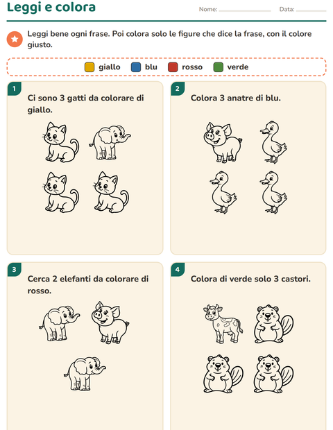 Anteprima della scheda di Leggi e colora con Animali BN 4 per Scuola primaria classe prima