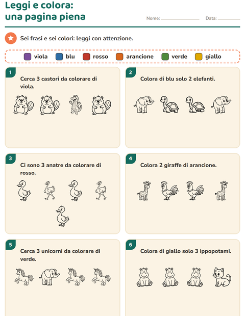 Anteprima della scheda di Leggi e colora con Animali BN 4 per Scuola primaria classe prima