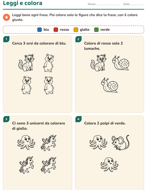 Anteprima della scheda di Leggi e colora con Animali BN per Scuola primaria classe prima