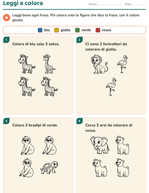 Anteprima della scheda di Leggi e colora con Animali dello zoo BN per Scuola primaria classe prima