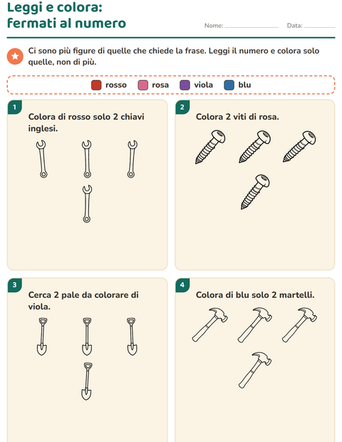 Anteprima della scheda di Leggi e colora con Attrezzi BN per Scuola primaria classe prima