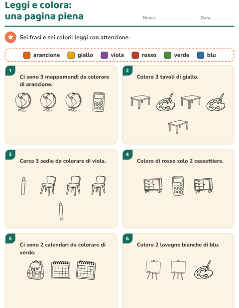Anteprima della scheda di Leggi e colora con Aula 2 (B/N) per Scuola primaria classe prima