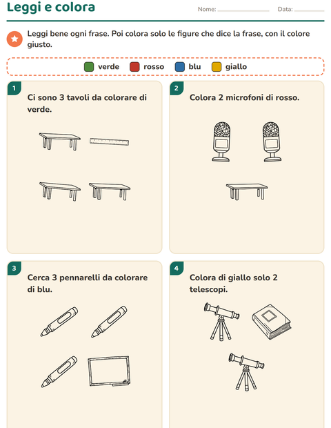 Anteprima della scheda di Leggi e colora con Aula (B/N) per Scuola primaria classe prima