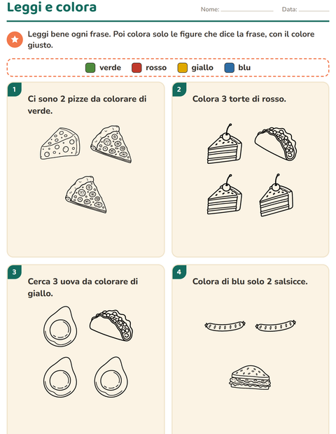 Anteprima della scheda di Leggi e colora con Cibo BN 2 per Scuola primaria classe prima