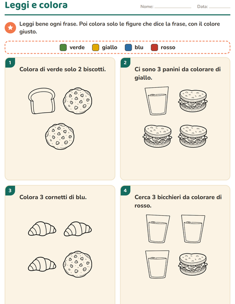 Anteprima della scheda di Leggi e colora con Cibo BN 3 per Scuola primaria classe prima