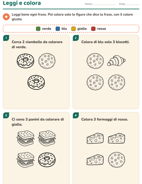 Anteprima della scheda di Leggi e colora con Cibo BN per Scuola primaria classe prima