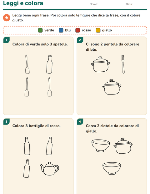 Anteprima della scheda di Leggi e colora con Cucina BN per Scuola primaria classe prima