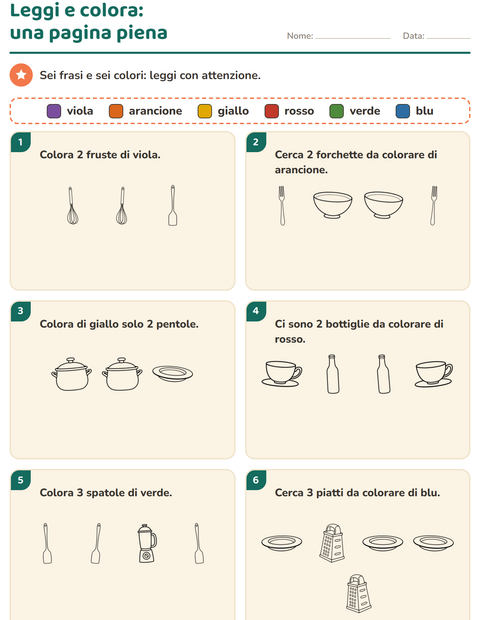 Anteprima della scheda di Leggi e colora con Cucina BN per Scuola primaria classe prima