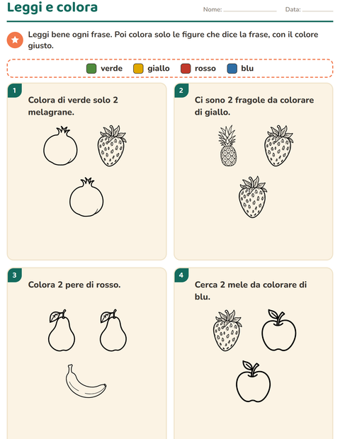 Anteprima della scheda di Leggi e colora con Frutta BN per Scuola primaria classe prima