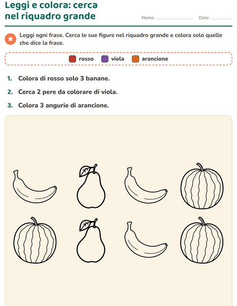 Anteprima della scheda di Leggi e colora con Frutta BN per Scuola primaria classe prima