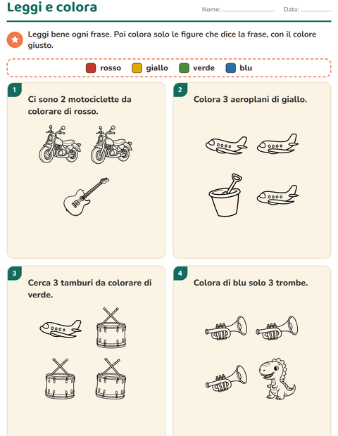 Anteprima della scheda di Leggi e colora con Giocattoli BN per Scuola primaria classe prima