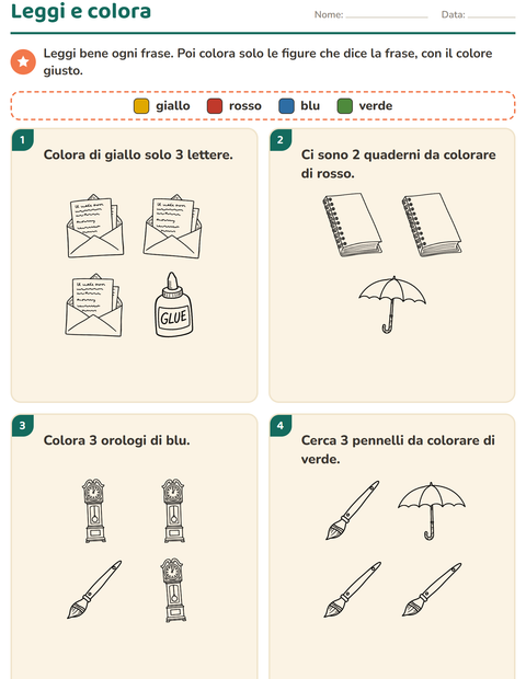 Anteprima della scheda di Leggi e colora con Istruzione BN per Scuola primaria classe prima