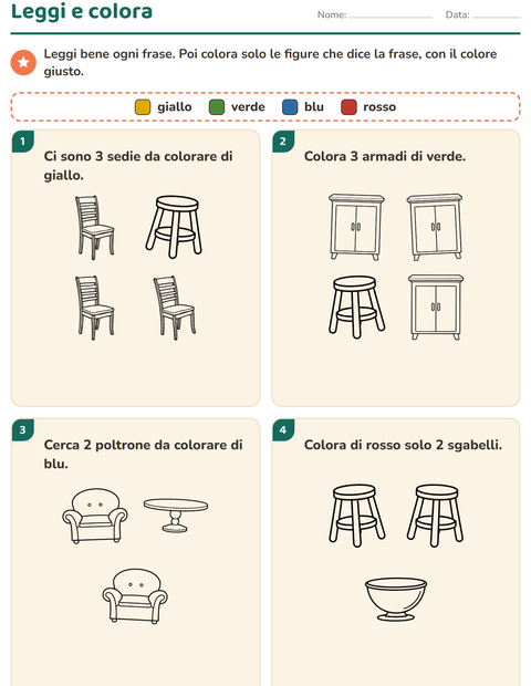 Anteprima della scheda di Leggi e colora con Mobili BN per Scuola primaria classe prima
