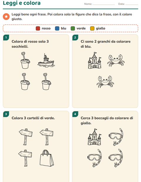 Anteprima della scheda di Leggi e colora con Spiaggia BN 2 per Scuola primaria classe prima