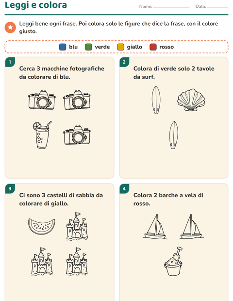 Anteprima della scheda di Leggi e colora con Spiaggia BN per Scuola primaria classe prima