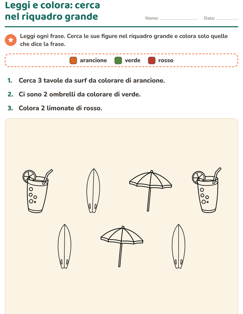 Anteprima della scheda di Leggi e colora con Spiaggia BN per Scuola primaria classe prima