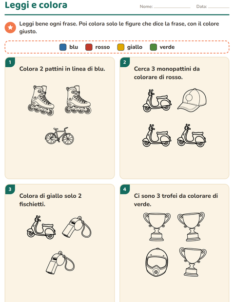 Anteprima della scheda di Leggi e colora con Sport BN per Scuola primaria classe prima