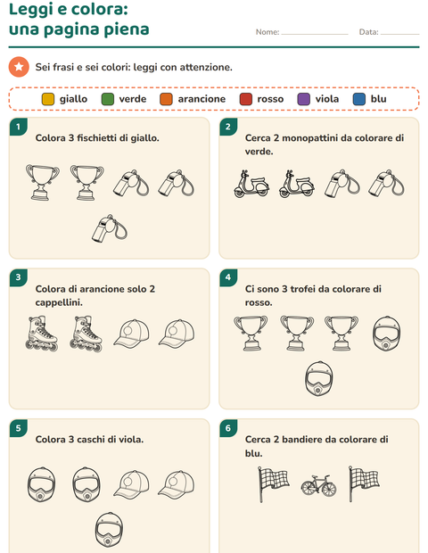 Anteprima della scheda di Leggi e colora con Sport BN per Scuola primaria classe prima