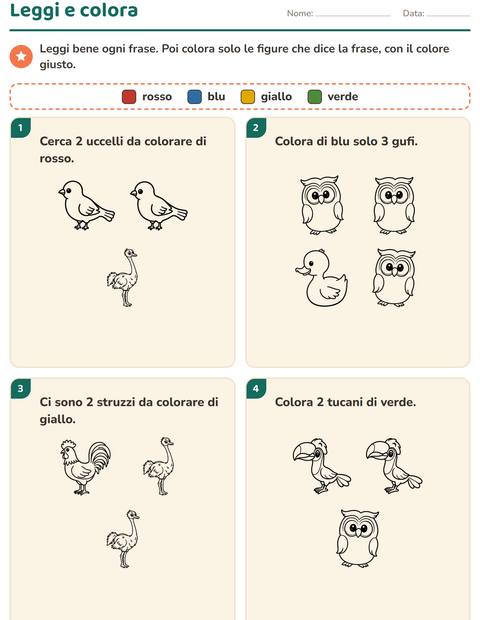 Anteprima della scheda di Leggi e colora con Uccelli B&N 2 per Scuola primaria classe prima