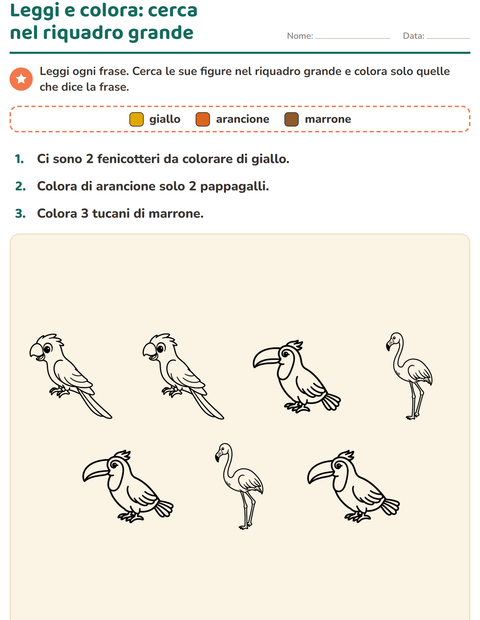 Anteprima della scheda di Leggi e colora con Uccelli B&N per Scuola primaria classe prima