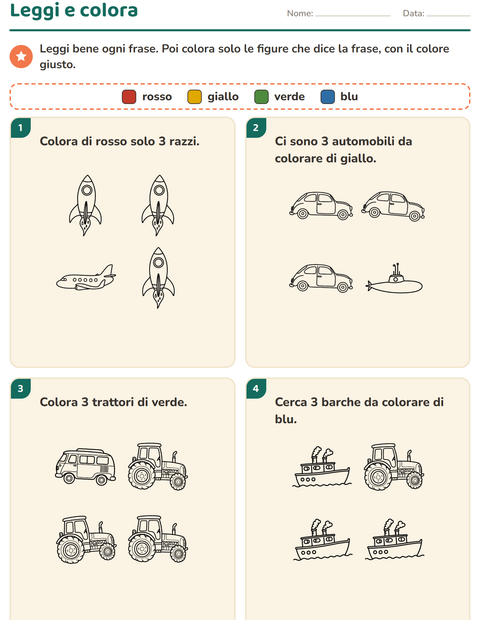 Anteprima della scheda di Leggi e colora con Veicoli BN 2 per Scuola primaria classe prima