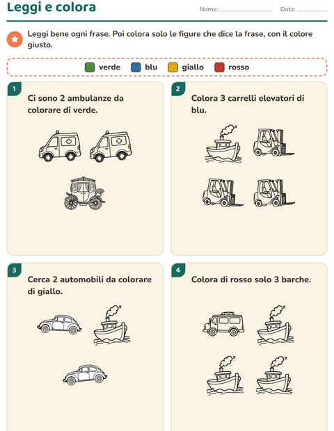 Anteprima della scheda di Leggi e colora con Veicoli BN 3 per Scuola primaria classe prima