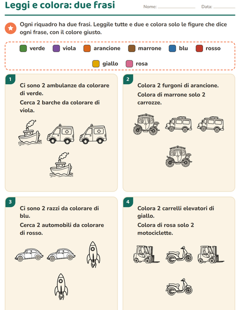 Anteprima della scheda di Leggi e colora con Veicoli BN 3 per Scuola primaria classe prima