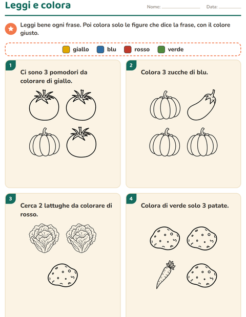 Anteprima della scheda di Leggi e colora con Verdure BN per Scuola primaria classe prima