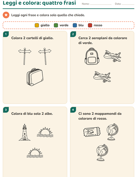 Anteprima della scheda di Leggi e colora con Viaggi e Vacanze BN per Scuola primaria classe prima