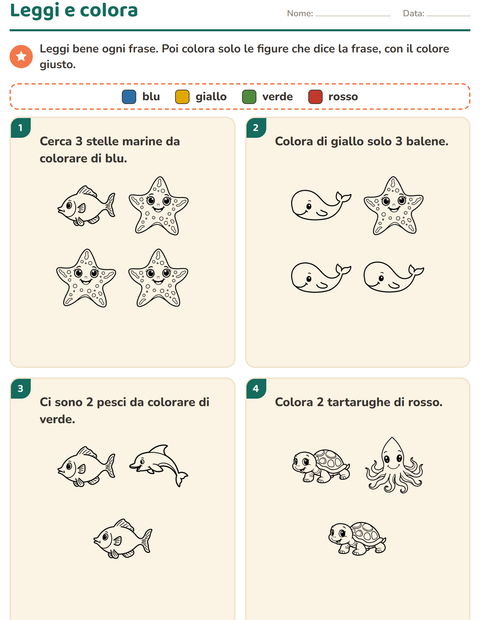 Anteprima della scheda di Leggi e colora con Vita marina BN 2 per Scuola primaria classe prima