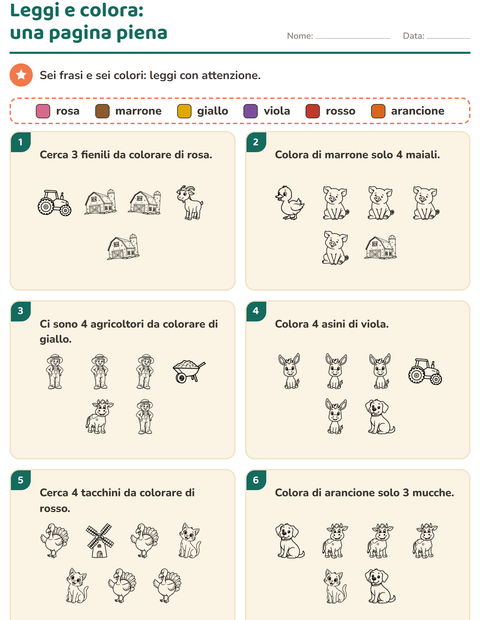 Anteprima della scheda di Leggi e colora con Fattoria BN per Scuola primaria classe prima