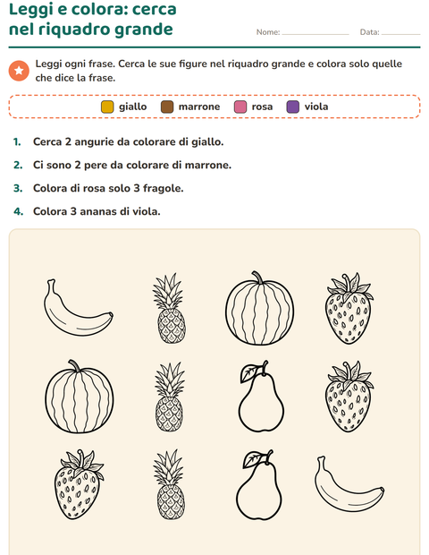 Anteprima della scheda di Leggi e colora con Frutta BN per Scuola primaria classe prima