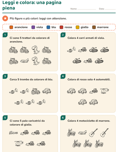 Anteprima di Leggi e colora una pagina piena: sei frasi, sei colori e i giocattoli in bianco e nero