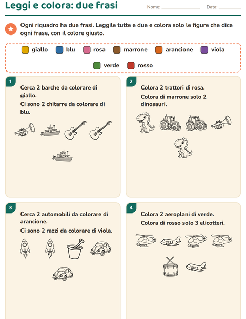Anteprima della scheda di Leggi e colora con Giocattoli BN per Scuola primaria classe prima